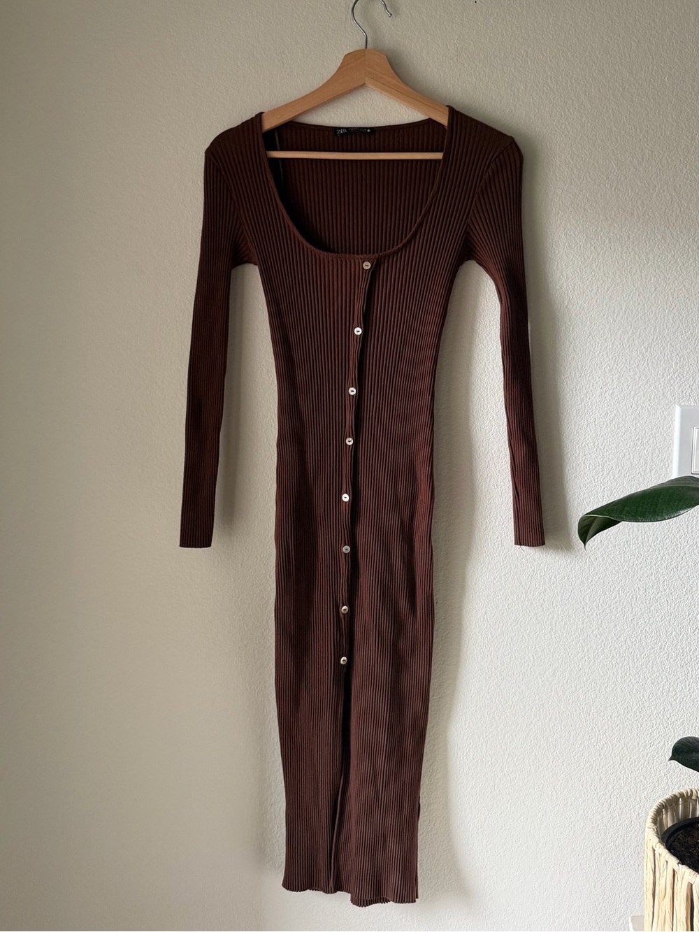 Zara Ribbed Button-Front Long Sleeve Dress in Brown